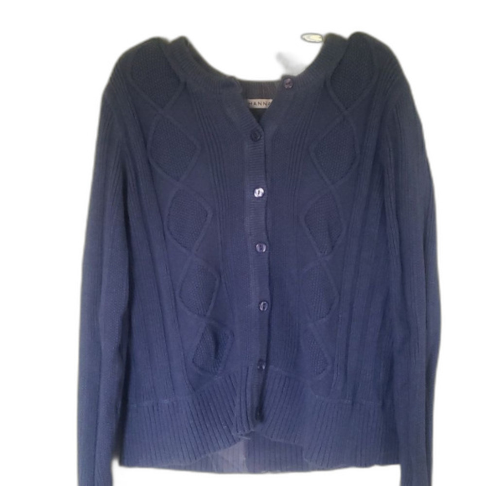 Hannah Women's Large Blue Button Down Cardigan Sweater Knit Layer